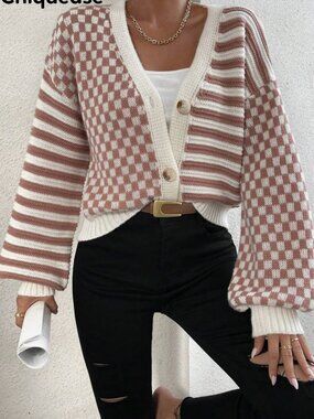 Checker Pattern Drop Shoulder Cardigan